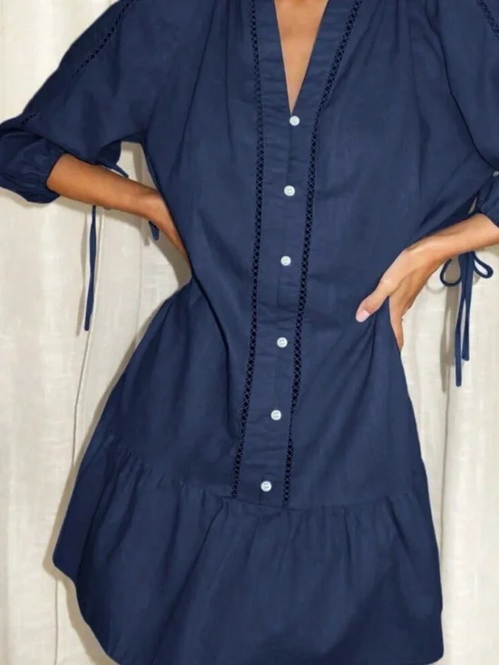 Navy Blue Cute Women's Linen Ruffle Hem Dress - Picture 4 of 5